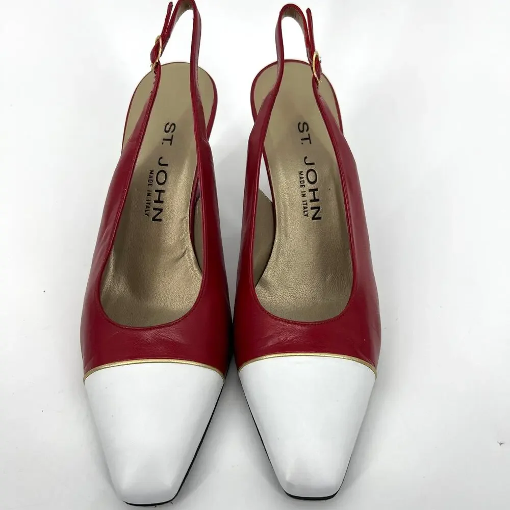 St. John Italy Red White Leather Slingback Heels Shoes Size 8 with Box dust bag
